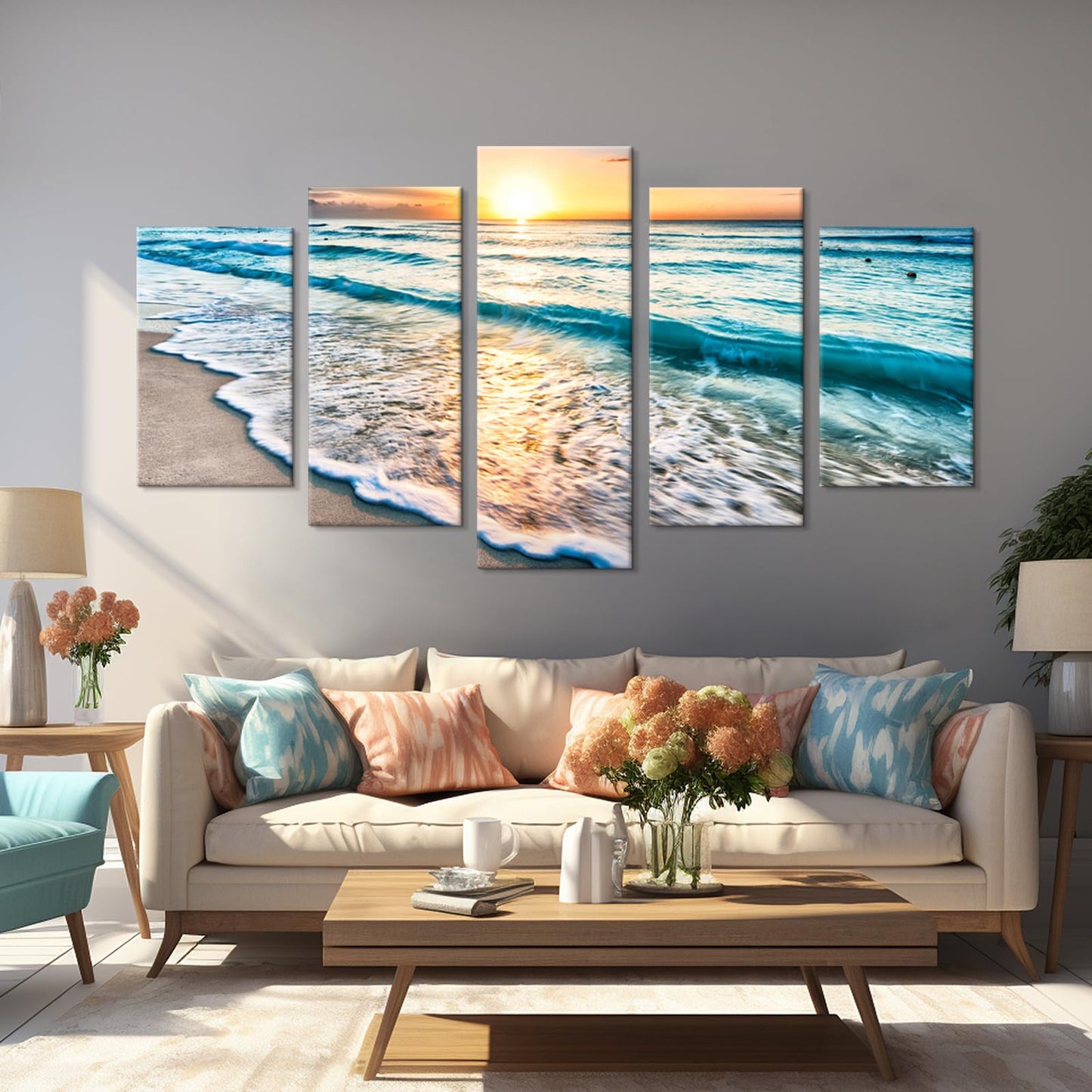Goldfoilart 5 Pieces Beach Coastal Wall Art Sea Sunset Seascape Pictures Ocean Photography Canvas Large Horizontal Landscape Multi Framed Artwork for Bedroom Living Room Bathroom Wall Decor