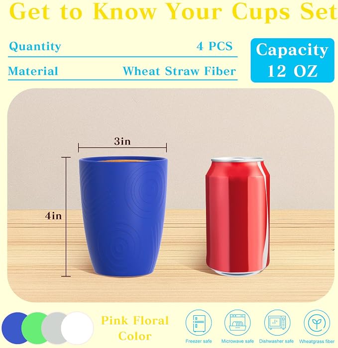 Homienly Drinking Glasses & Everyday Kids Tumblers Wheat Straw Cups 4-Pack Set | Textured Reusable Plastic Cups Essential Kitchen Cups | Dishwasher Safe for Party, Home, Camping (12 oz, Island Color)