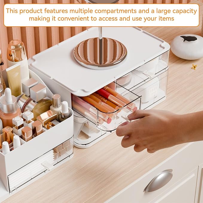 Yieach White Makeup Organizer Countertop With 4 Drawers,Large Cosmetics Storage Organizer for Brush,Hair Products,Plastic Makeup Holders and Beauty Skincare Organizers for Bathroom,Vanity,Dresser Top