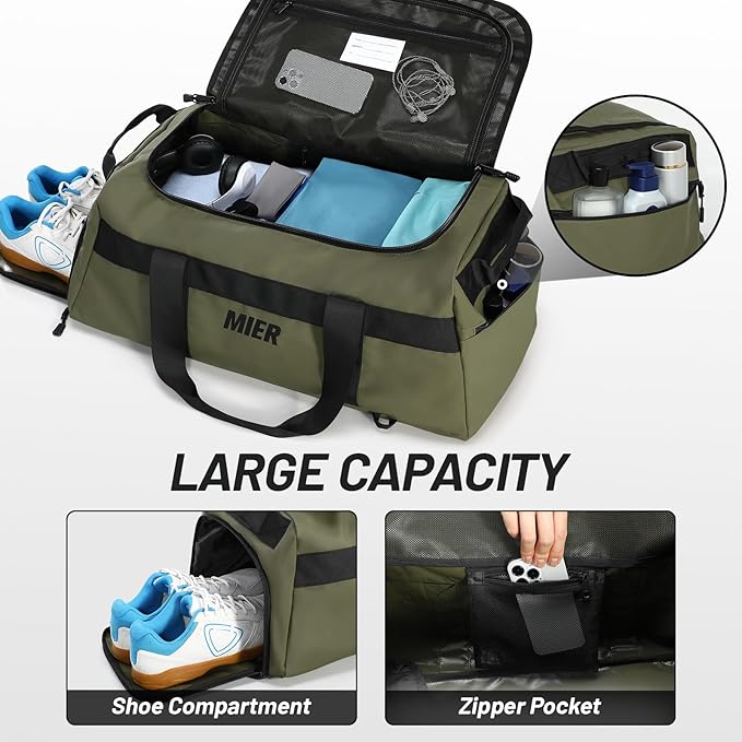 MIER Gym Bag for Men Large Duffel Backpack with Shoe Compartment, 60L Convertible Duffle Bags Weekender Overnight Bag for Gym Sports Travel, Green