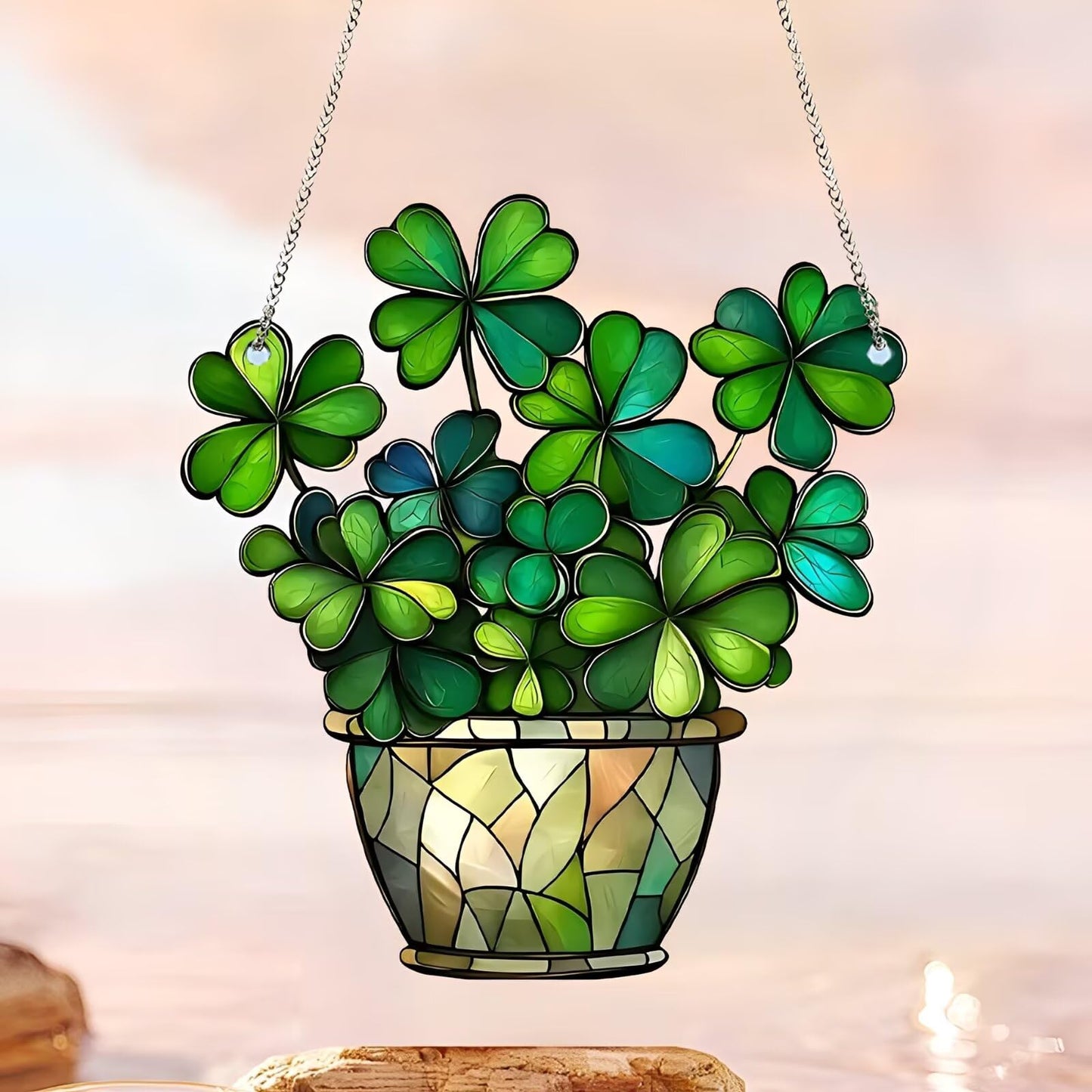 1PC Shamrock in Pot Acrylic Suncatcher Hanging, 7.08 inch Window Decor with Printed Stained Glass Style Design, Rainbow Maker Wall Art, Gift Idea & Garden Ornament Indoor Outdoor Use/ZW-02