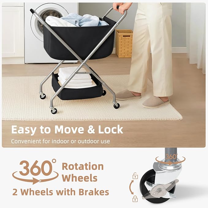 STORAGE MANIAC Collapsible Laundry Cart with Wheels 31.5"H Rolling Laundry Hamper Clothes Basket with Wheels, Canvas Liner Sturdy Steel Frame Folding for Small Narrow Space Easy Storage, Black