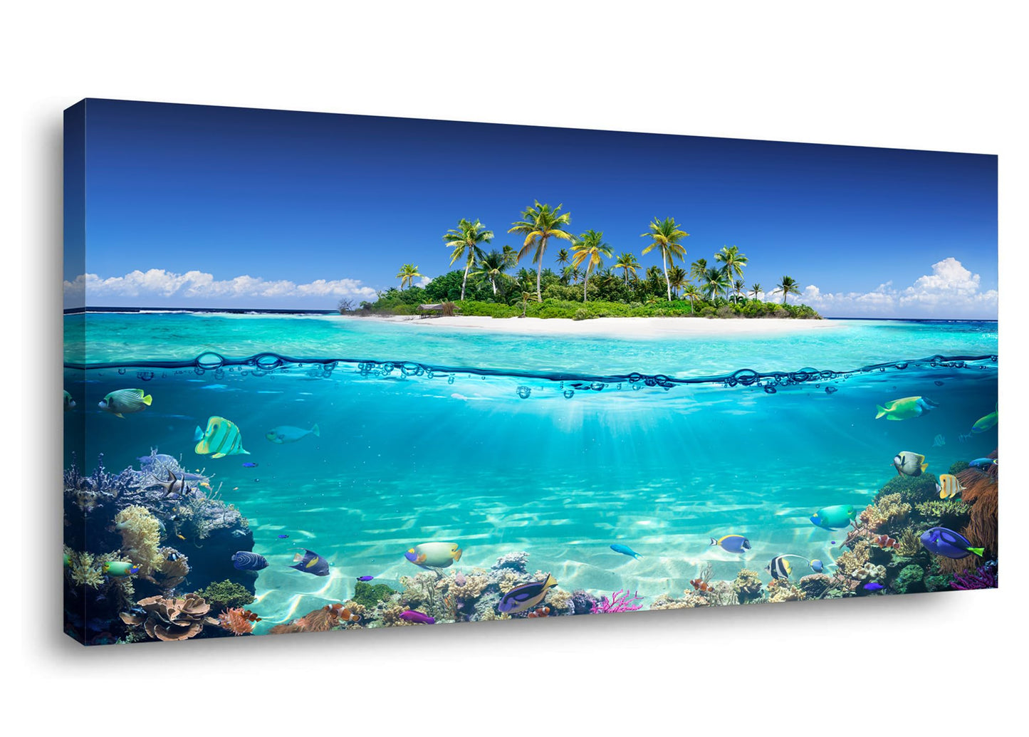 Tropical Island Coral Reef Landscape Canvas Wall Art for Living Room,Unique View Split Waterline Scenery,Beautiful Nature Summer Travel Scenic Picture Print Artwork Painting Decor,Inner Frame 20x40