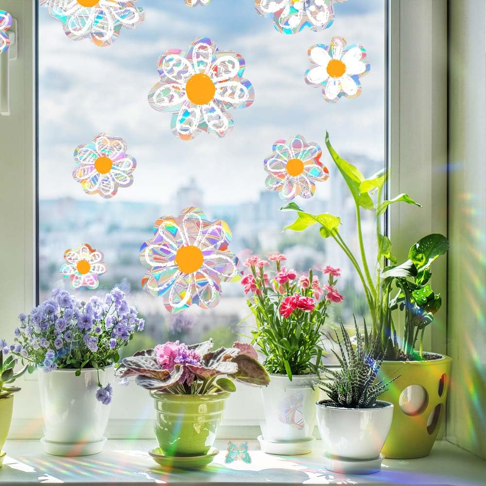 12pcs Spring Summer Daisy Window Stickers, Double-Side Glass Decals Shiny Rainbow Prism Anti Collision Window Clings for Mirror Glass Display Shop Office School Supplies Reusable