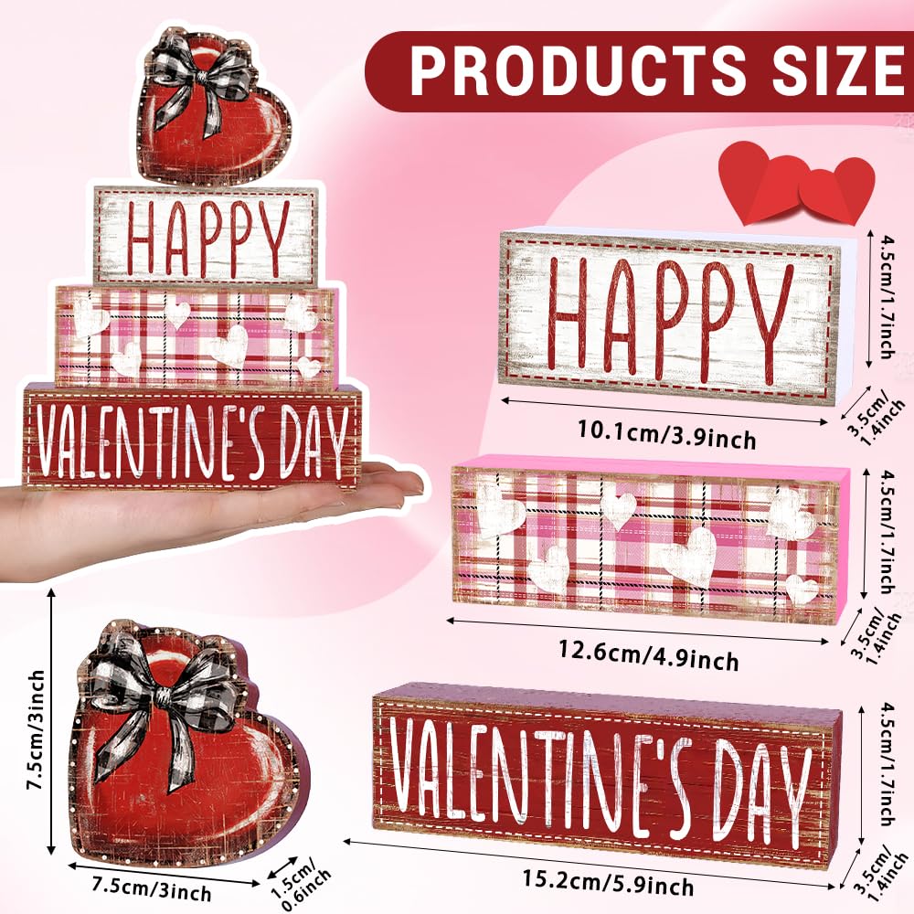 DIYDEC 4Pcs Valentine's Day Table Decoration Valentine Heart Wooden Block Signs Rustic Valentines Tiered Tray Decor Happy Valentine's Day Centerpiece Sign for Farmhouse Holiday Tabletop Party Decor