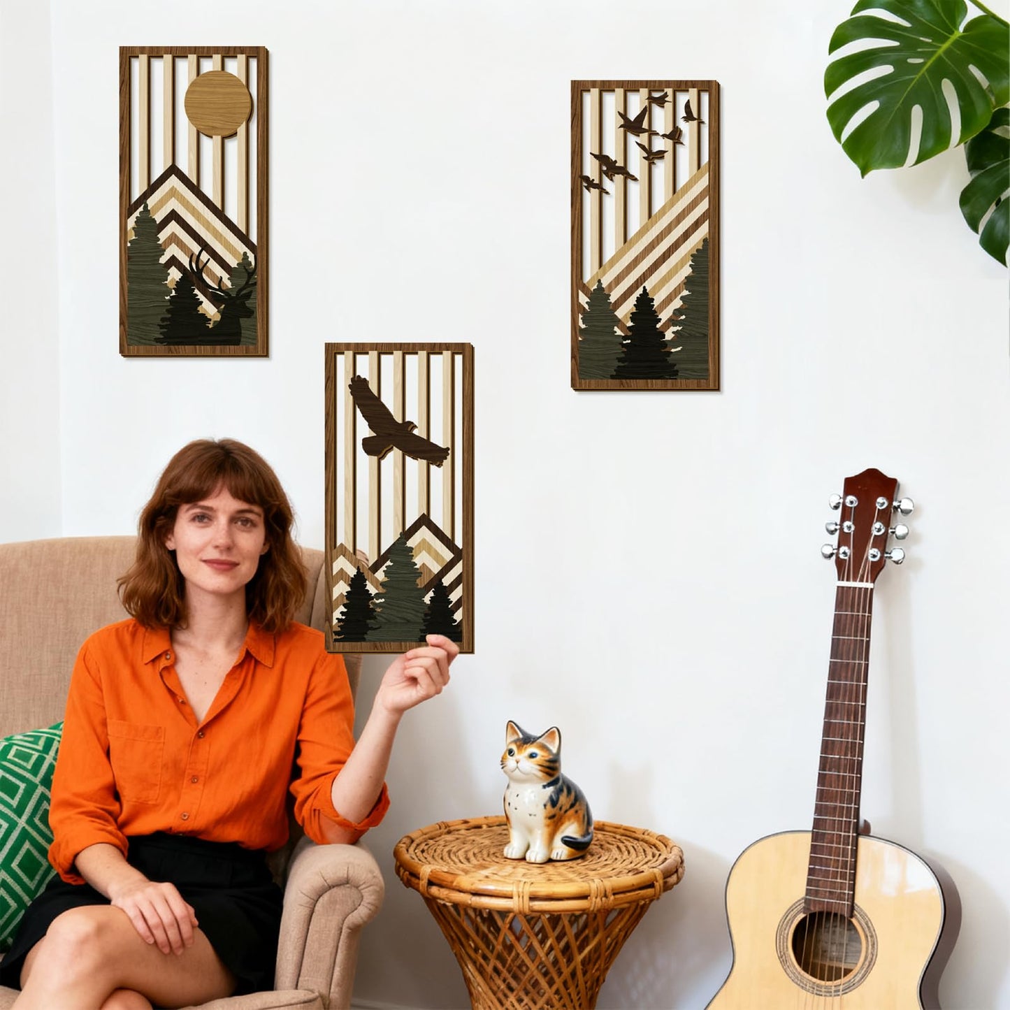 3 Pcs Wooden Boho Mountain Wall Art Mid Century Modern Wall Decor Nature Geometric Line Artwork for Living Room Rustic Home Indoor Decoration MCM Landscape Hanging Plaque for Bedroom Office Accents