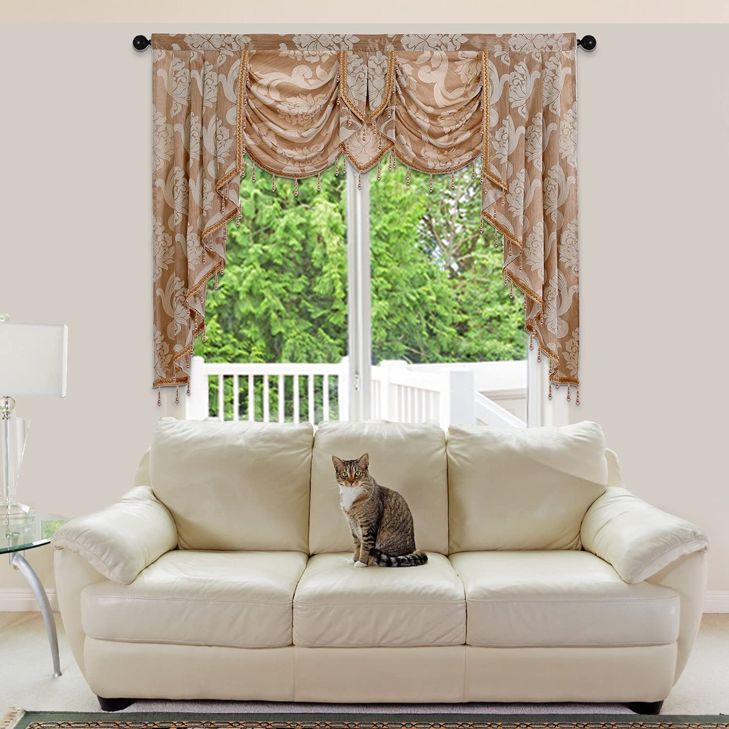 NAPEARL Waterfall Valance for Windows-Damask Valance for Living Room with Beads, Jacquard Swag Curtain Valance for Windows (1 Beige Valance, 61-Inch Wide)