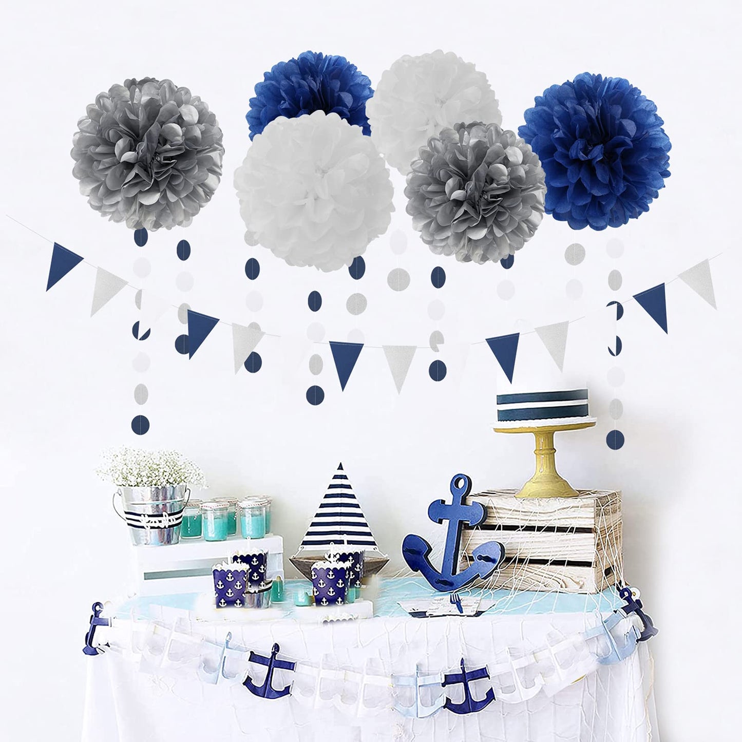 Navy Blue White Silver Party Decorations,23pcs Kit Graduation 2025 Tissue Paper Pom Poms Streamers,Tassel Garland Banner Flowers,Men Birthday Bachelorette Baby Shower Christmas Decor Lasting Surprise