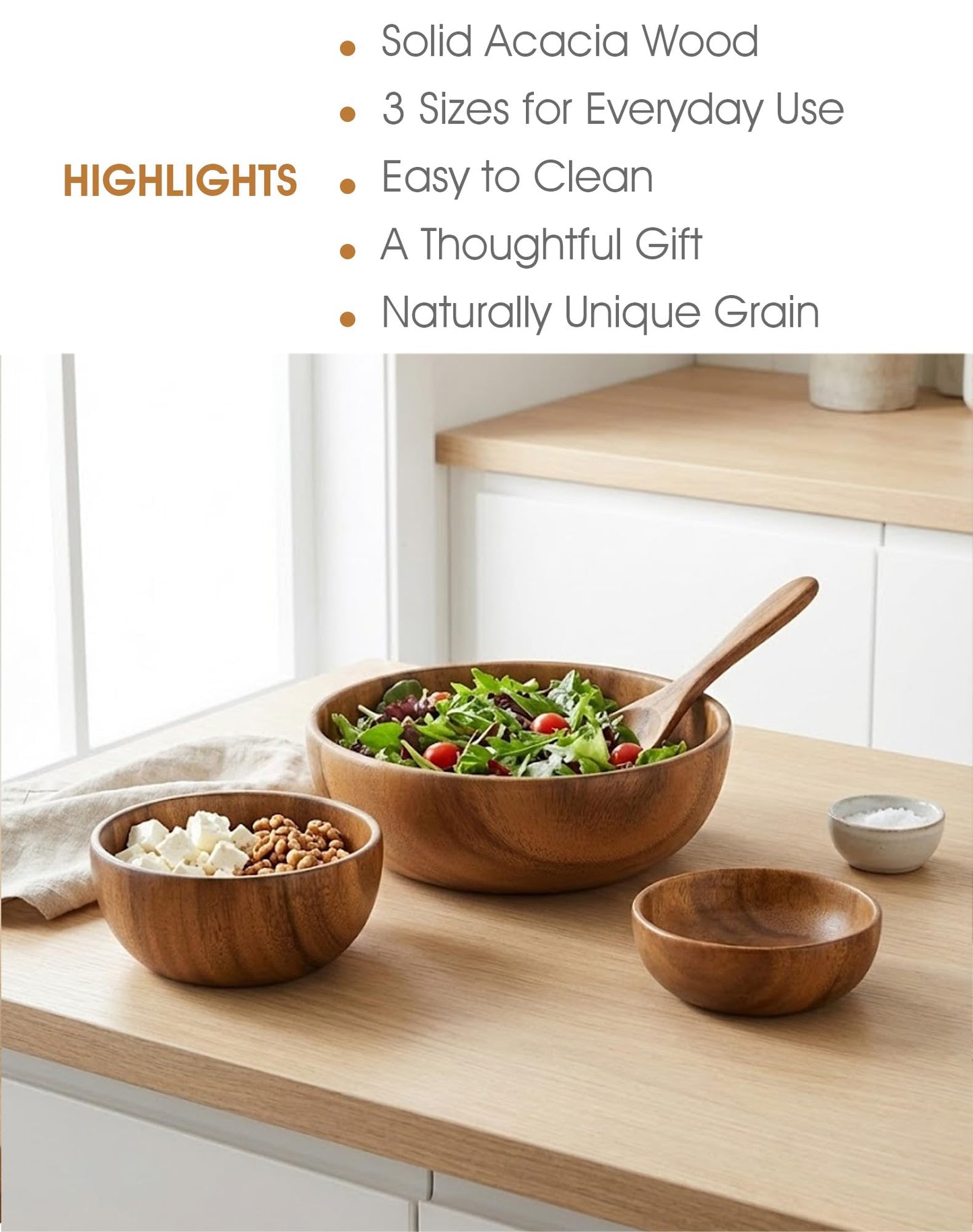 GleeNflux Acacia Wood Salad Bowl Set, 3-Piece Natural Solid Wood Serving Bowls, Handcrafted & Hand-Polished, Wooden Salad Bowls for Kitchen & Dining for Pasta, Yogurt, Fruit, Snacks & Gift Giving
