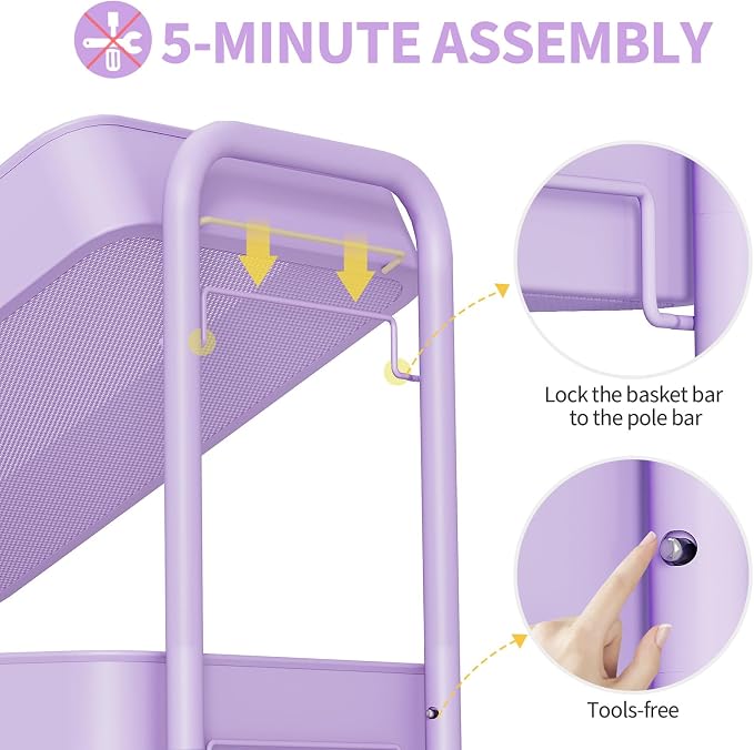TOOLF 4-Tier Rolling Cart - Metal Storage Organizer with Lockable Wheels, 44 lbs Per Shelf Capacity, Tool-Free Assembly, for Kitchen Bathroom Office Laundry Room Nursery, Purple
