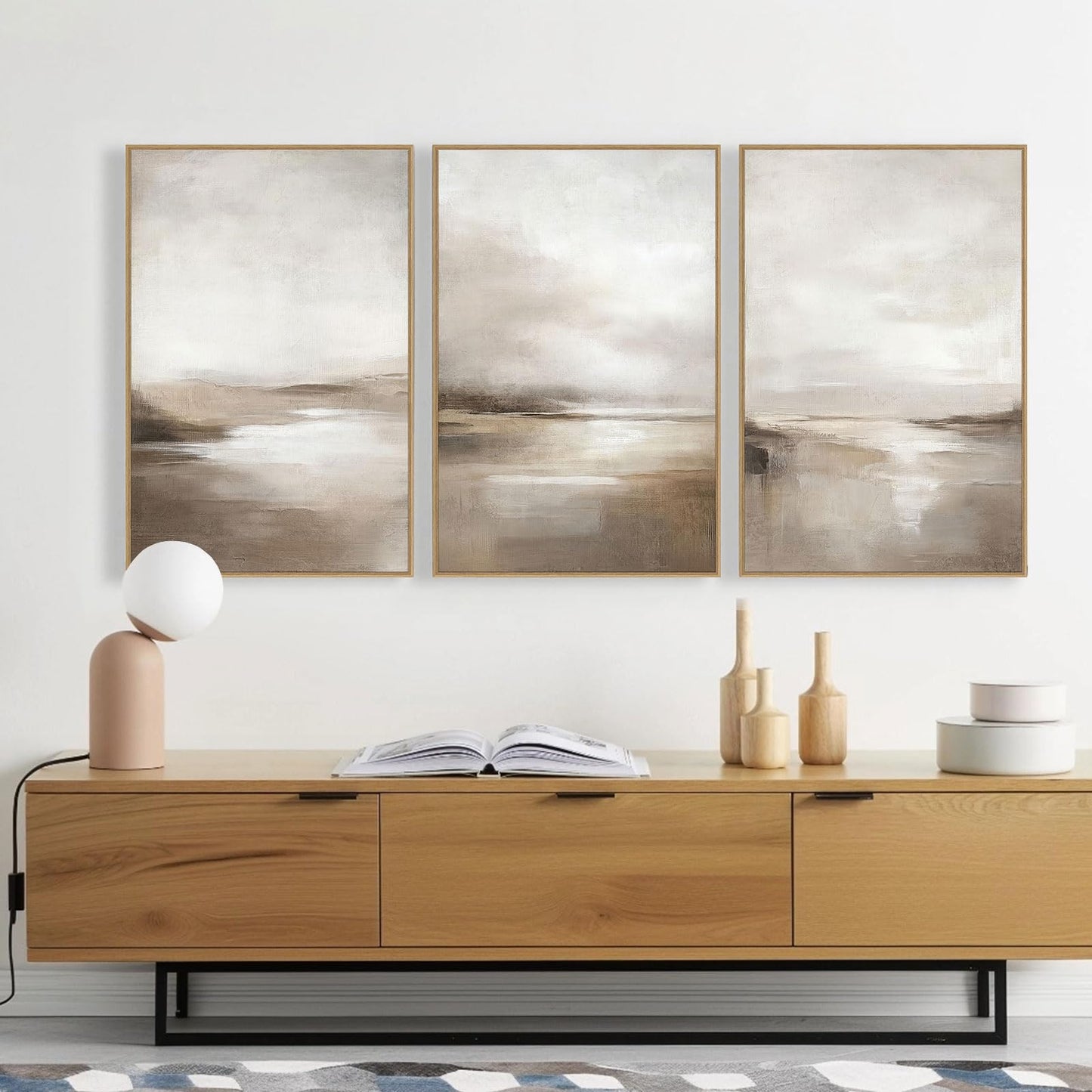 SAFERRYHOME Neutral Abstract Wall Art - Minimalist Framed Canvas Print Set, Landscape Shapes Abstract Illustrations Modern Nordic Calm Decor for Living Room, Bedroom, Bathroom - 3 Panels 24x36 Inch