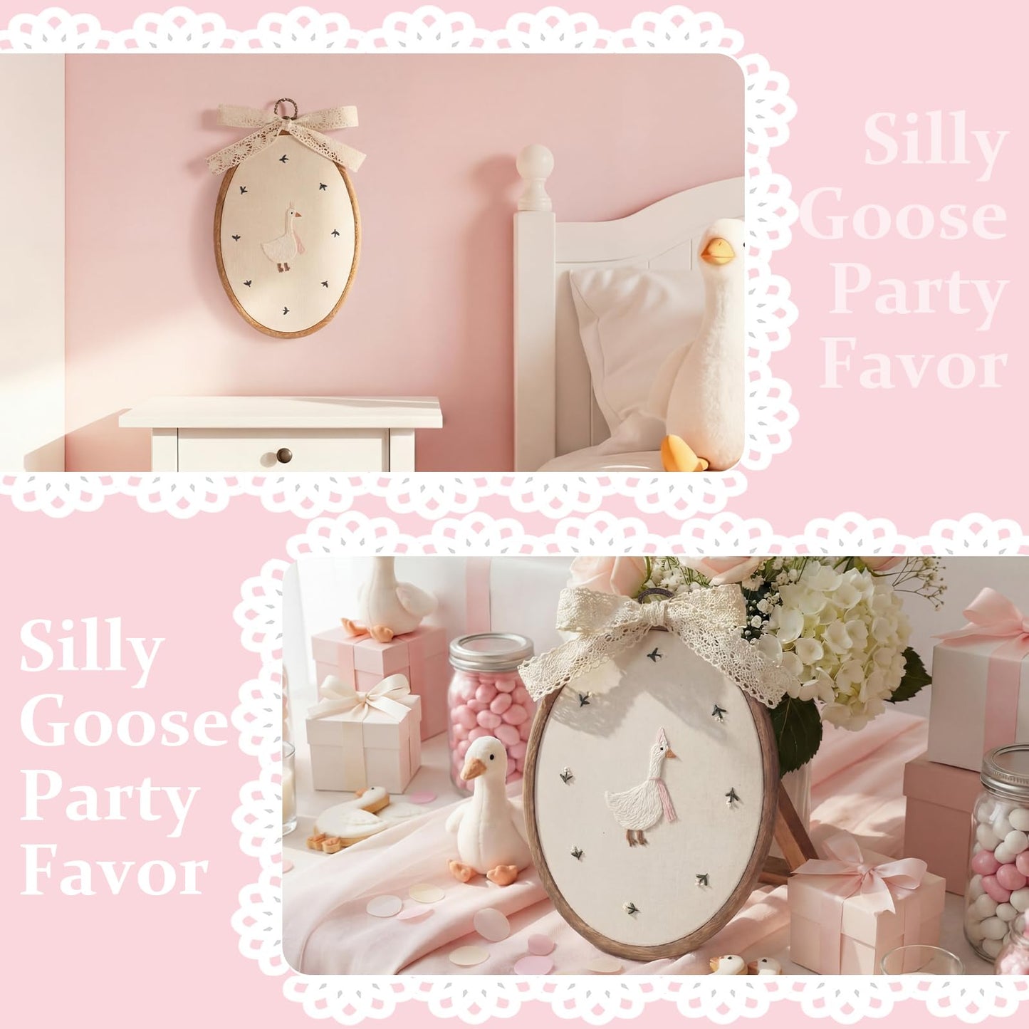 Yalikop Large Silly Goose Wall Art 7 x 10'' Embroidered Goose Nursery Decor with Bow Lace Wooden Hoop Coquette Framed Canvas Artwork Hanging Decor for Baby Shower Bedroom Decoration(Pink)