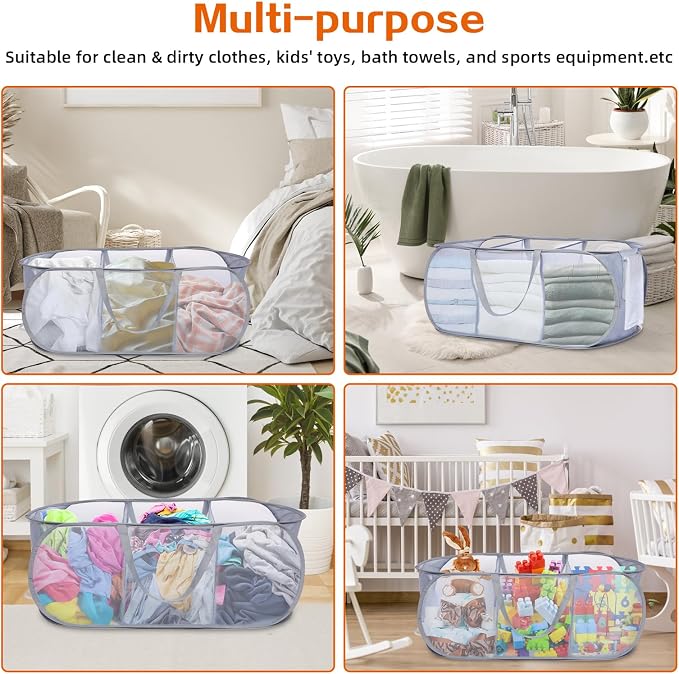 Durable Collapsible Foldable Pop Up Laundry Hamper, Sturdy 3 Compartments, Handy Pocket & Easy to Sort Clothes Hampers for Dorm, Kids Room, Travel - Grey