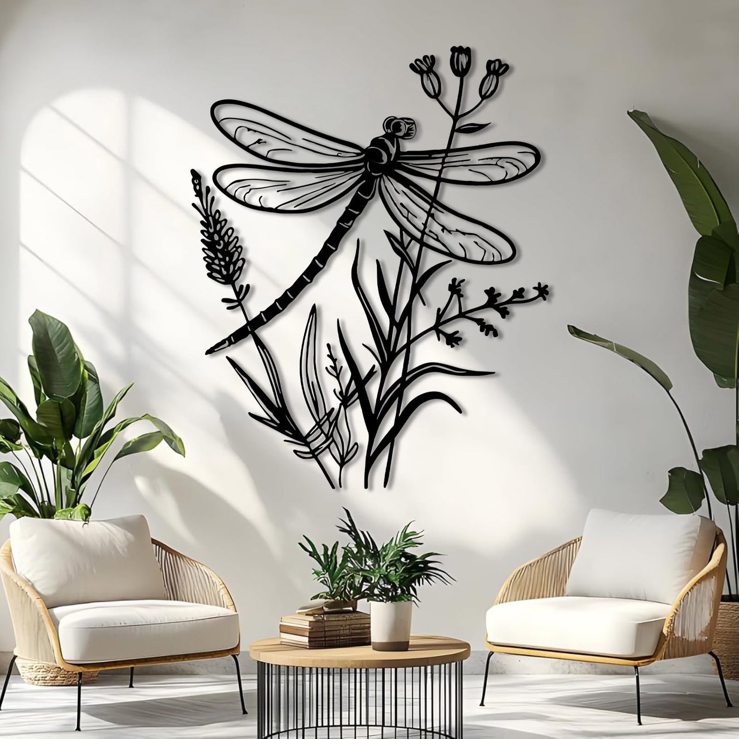 Dragonfly Metal Wall Art, Dragonfly and Flower Metal Wall Decor, Insects Wall Art, Large Dragonflies Wall Hanging, Wild Flower Wall Sculpture, Rustic Farmhouse Decorations (Black, 30"x24"/76x61cm)