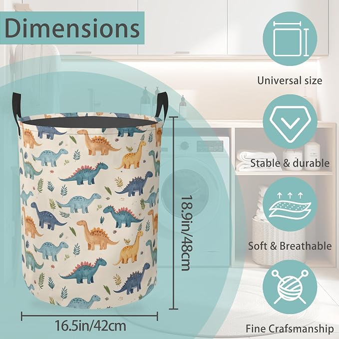 Laundry Basket With Handle, Dirty Clothes Laundry Hamper, Oxford Cloth Bin Storage Organizer for Toy Collection (Cute Dinosaur)