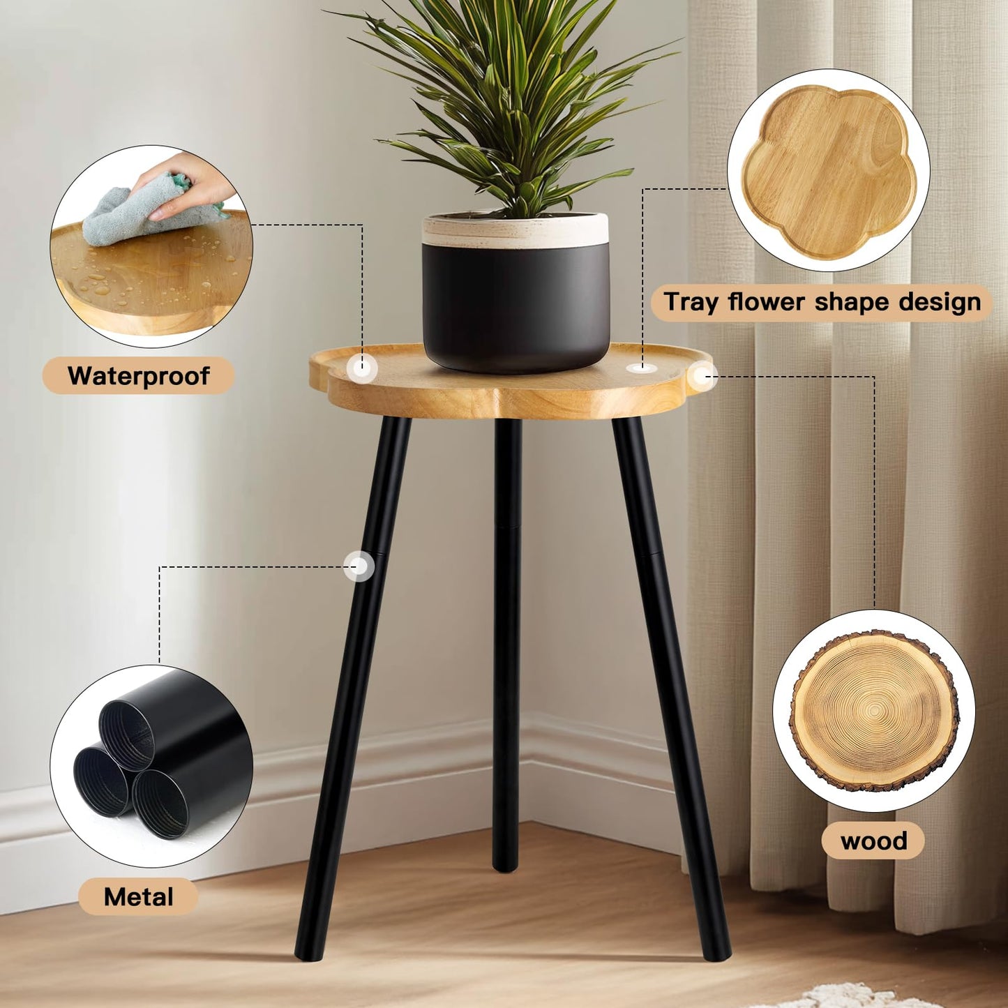 KINNARY Plant Stand Indoor, Wood Plant Table Plant Holder with Raised Design,Heavy Duty Metal Flower Pot Stand, Mid Century Modern Home Decor Small Side End Table（Clr.3-Flower 20" H）