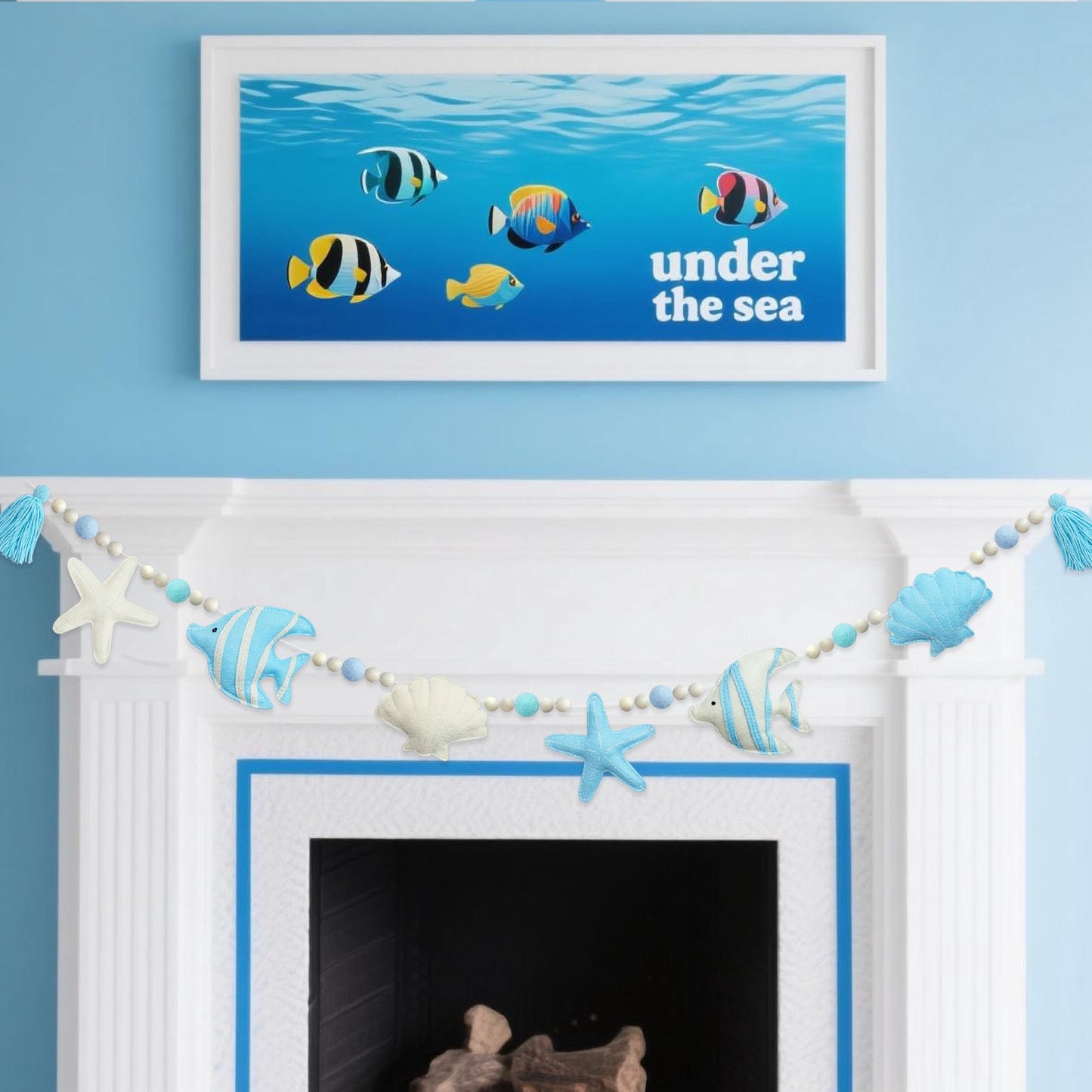 Under The Sea Decorations Pre-Strung Handmade Felt Blue Beige Ocean Fish Starfish Shell Banner Blue Aqua Wool Felt Ball Wooden Beads Tassel Garland for Ocean Beach Shell Mantle Fireplace Home Decor