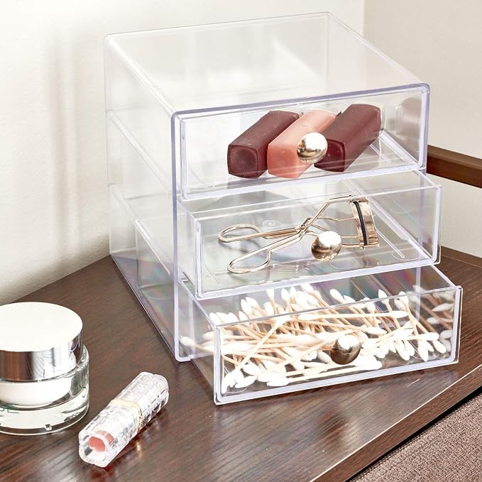 iDesign Stackable 3-Drawer Makeup Organizer, Clear | Bathroom Storage, Vanity Storage