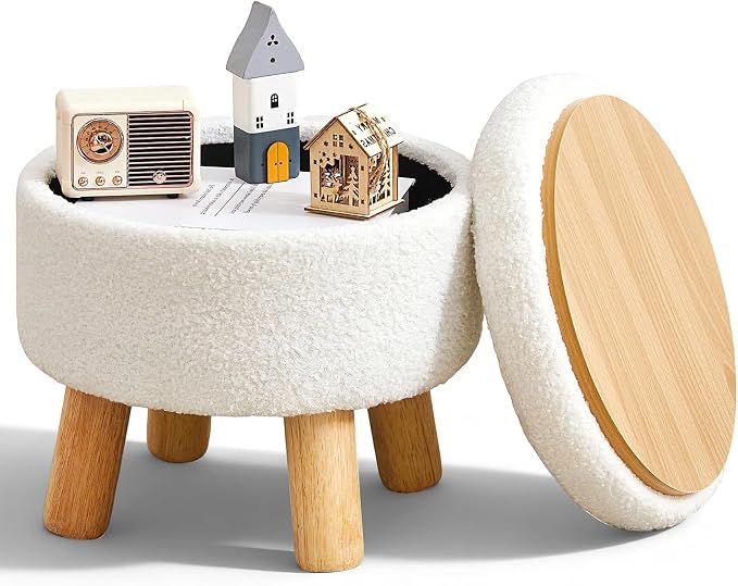 Small Ottoman with Storage, Small Storage Ottoman Round, Sherpa Foot Stool with Legs, Ottomans and Footstools for Living Room and Entryway (White)