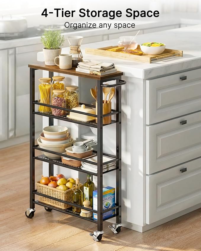 Pipishell Slim Storage Cart with Wheels - 4 Tier Rolling Kitchen Storage Cart with Handle and Wood Top, Metal Slim Bathroom Cart for Laundry Room, Bathroom, Kitchen, Narrow Space, Black & Rustic Brown
