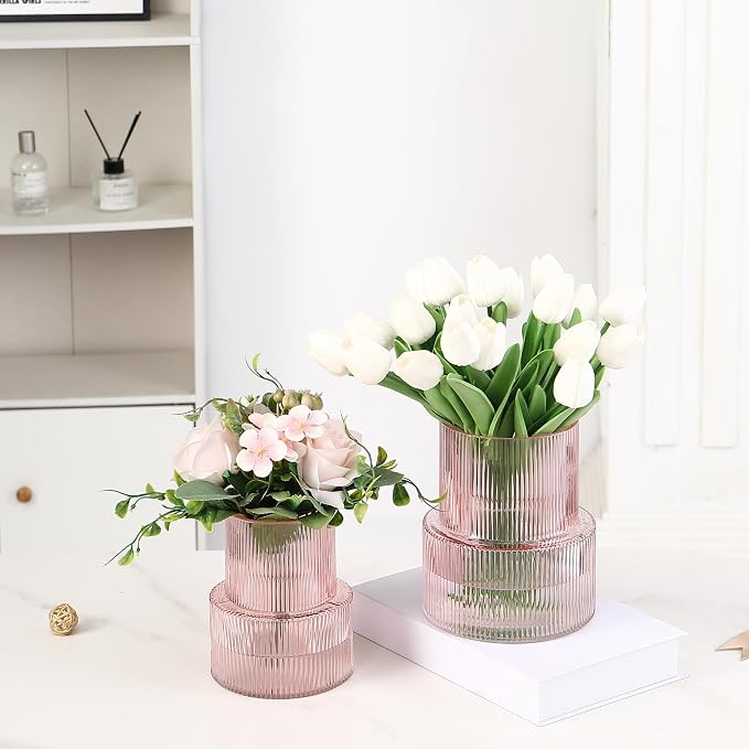 Ribbed Glass Vases for Bouquet, Set of 2 Pink Vases for Flowers, Pink Glass Vase for Tulips, Modern Vase for Living Room, Office, Coffe Table, Dining Table, Shelf, Wedding