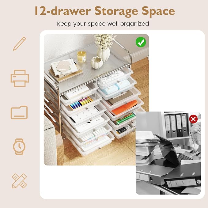 COSTWAY 12-Drawer Rolling Storage Cart, Utility Storage Organizer Cart for Tools, Scrapbook, Paper, Craft, Multipurpose Art Supply Organizer on Wheels for Home Office School, Teacher, Clear