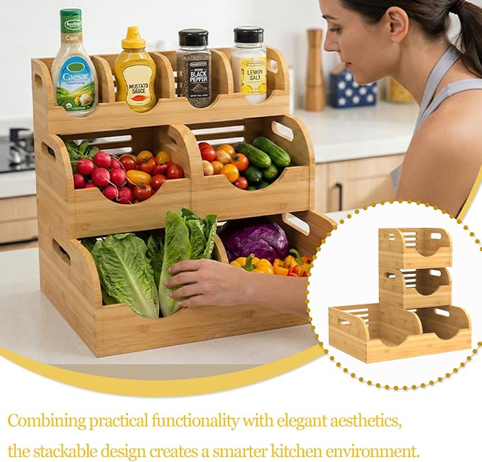 Upgraded 3 Tier Bamboo Pantry Storage Bins,Large potato storage With 2 Banana Hangers,Stackable Potato and Onion Storage Bin with Airflow Vent, Pantry Baskets, Vegetable Storage,for Kitchen Countertop