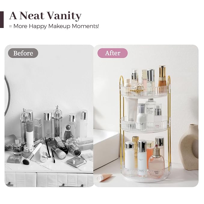Aveniee 3-Tier 360° Rotating Makeup Organizer, Clear Spinning Perfume Cosmetic Storage for Vanity Countertop, Sturdy Metal Pole Skincare Holder Stand for Bathroom Dresser, White