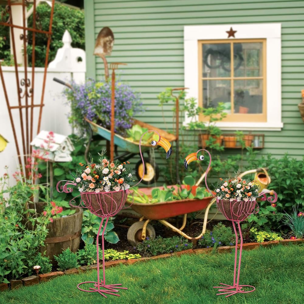 hogardeck Garden Decor for Outside, Set of 2 Pink Flamingo Planters with Basket, Metal Standing Flamingo Plant Pots Yard Art for Home Indoor Outdoor Garden Porch Lawn Patio Pool