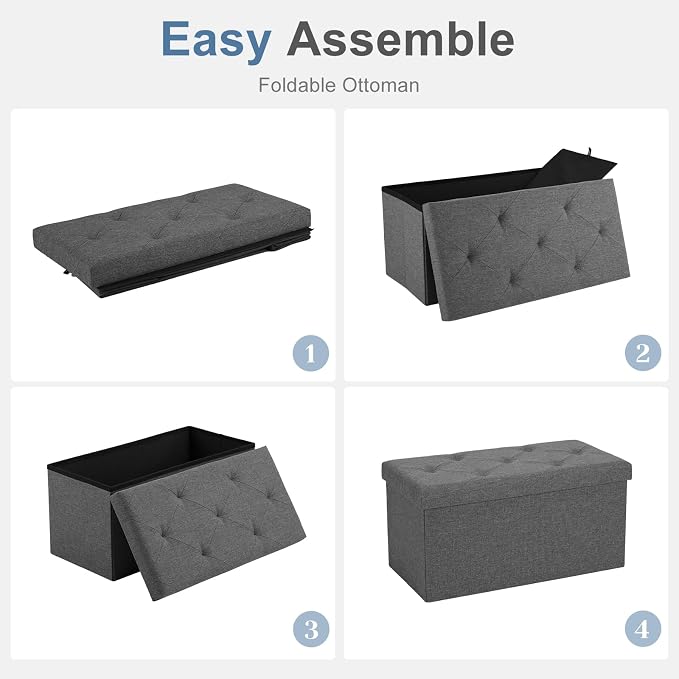 DUMOS 30 Inch Folding Storage Ottoman Bench, Large Hidden Storage Chest withThicker Foam Padded Seat, End of Bed Foot Rest Stool for Bedroom Living Room Entryway, Load 660 lbs, Grey