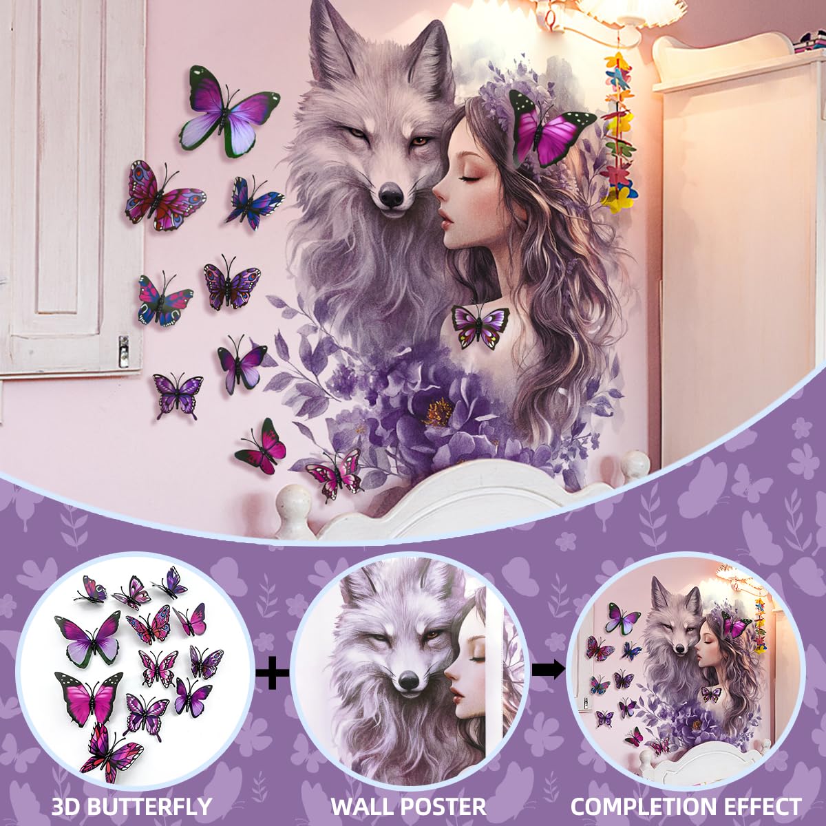 Siraveil Art Wolf Wall Stickers with Butterfly Flowers Fairy Wall Art Decals, 12 Butterflies PVC Decor for Nursery Living Room Bedroom Kids Room 23.6x11.8 Inch