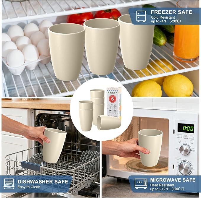 Wheat Straw Unbreakable Cups, Large Cups 20 OZ Set of 6, Alternative to Plastic Cups Reusable, Dishwasher Safe Tumblers & Water Glasses for Kitchen, Parties, Camping, RV, Beige