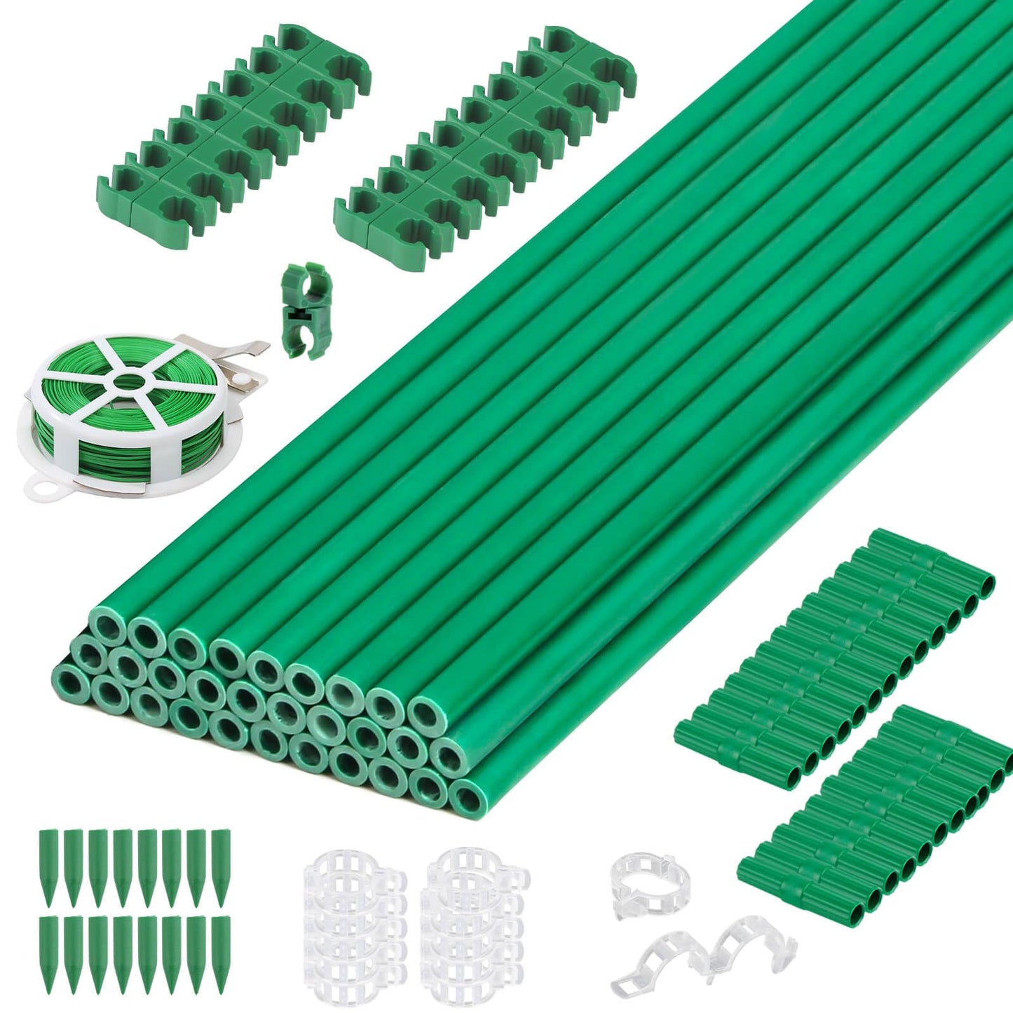 Cludoo 94PCS Garden Stakes Set with 30 Sets Fiberglass Plant Stakes Sticks Supports and Accessories, DIY 4ft 5ft 6ft 7ft Tomato Stakes for Tomato,Vegetables, Pepper, Indoor Outdoor Spring Plants