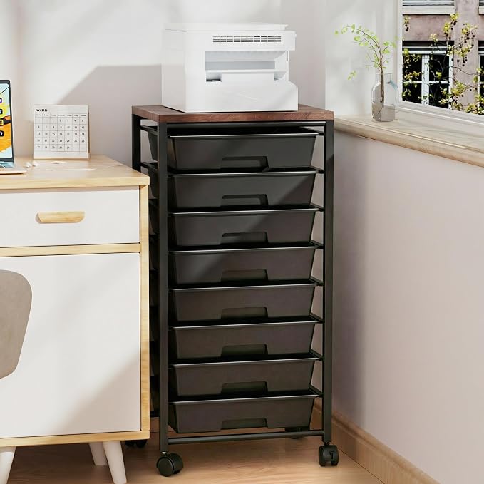 Rolling Cart with 8 Drawers, Storage Drawers Cart with Wooden Tabletop and Lockable Wheels, Craft Storage for Living Room, Office, Classroom, Craft Room, Bedroom (Black)