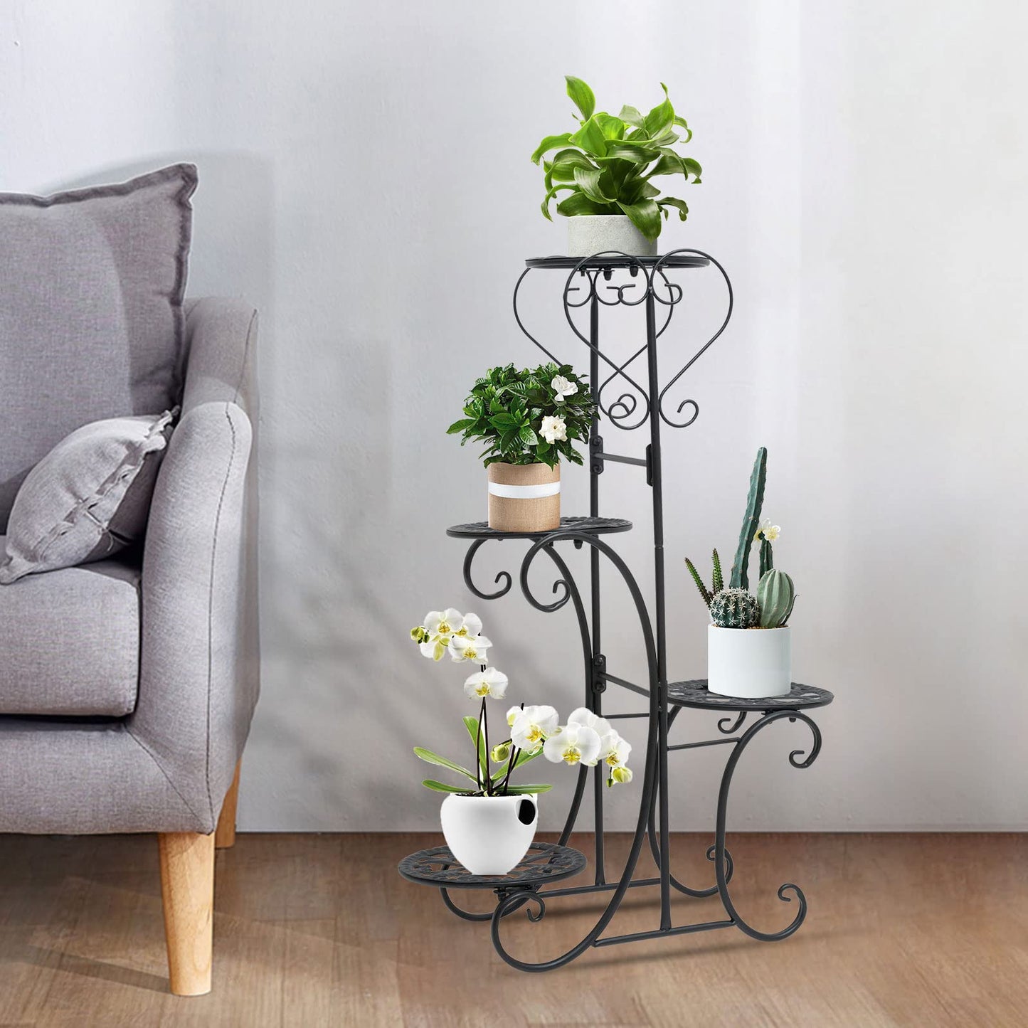 Kaichenyt Plant Stand Black Metal 4-Tier 32.3 inch Flower Display Rack Tiered Corner Flower Display Holder Indoor Outdoor Elegant Flower Pot Holder for Patio Balcony Garden Home Decorative