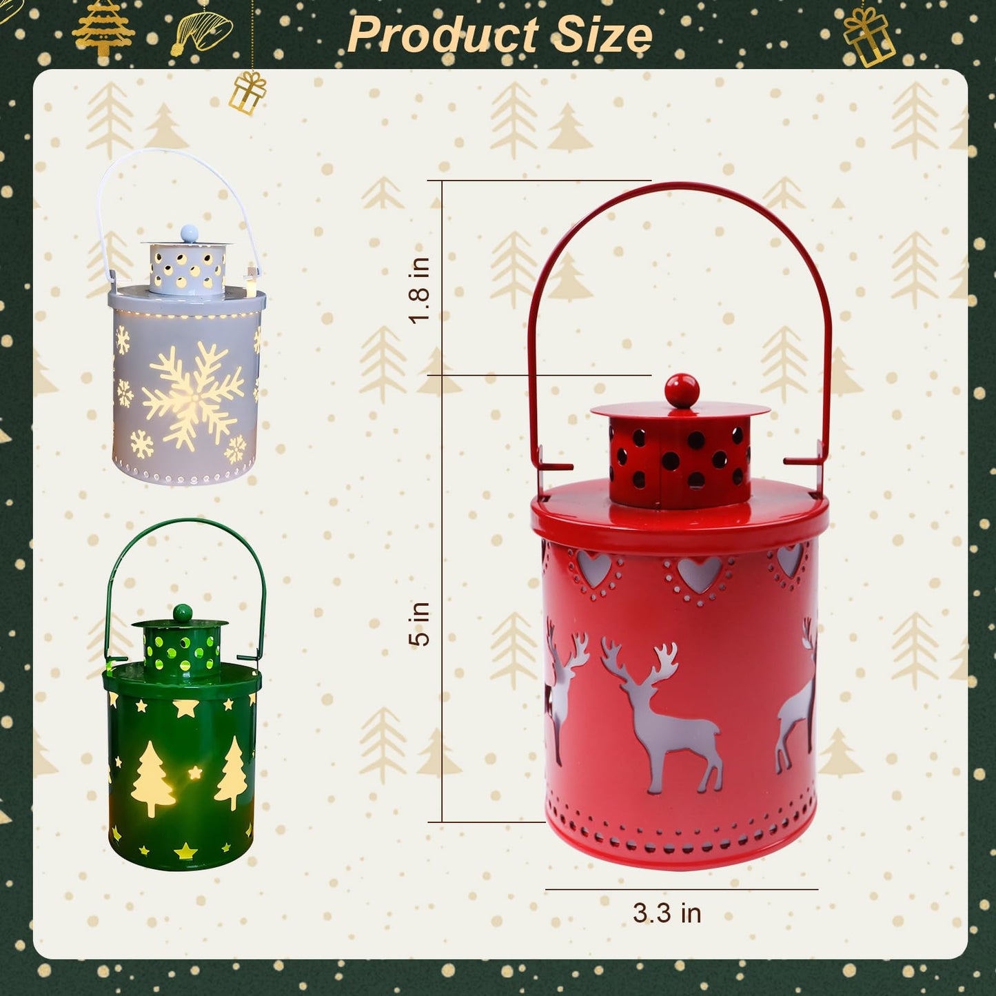 YBB 3 Pack Christmas Decorative Lantern Lights, Flameless Battery Operated Hanging Metal LED Candles Lanterns for Christmas Centerpiece Table Indoor Outdoor Party Decoration