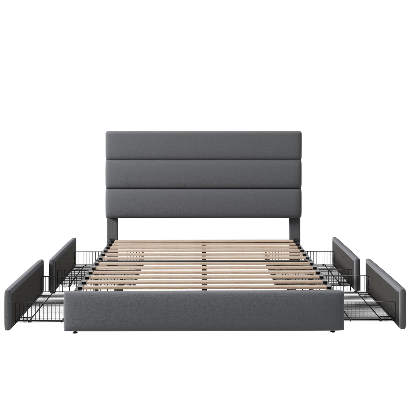 Allewie Modern Queen Size Platform Bed Frame with 4 Storage Drawers and Velvet Upholstered Headboard, Wooden Slats Support, Upholstered Mattress Foundation/No Box Spring Needed/Easy Assembly, Grey