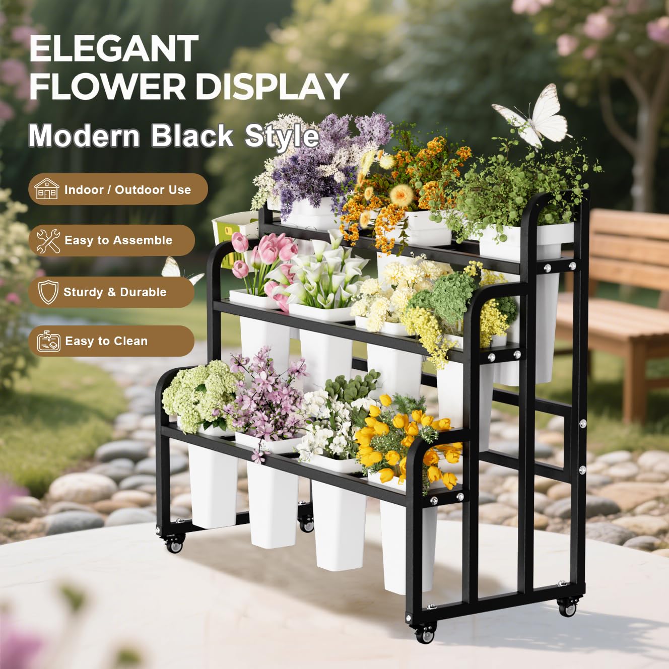 GVRVHJS Heavy Duty 3-Layer Metal Flower Display Stand, 11-Bucket Flower Bar with Tool Basket, Thickened Frame & 360° Swivel Wheels, Flower Cart for Patio, Garden, Florist, Wedding & Party (Black)