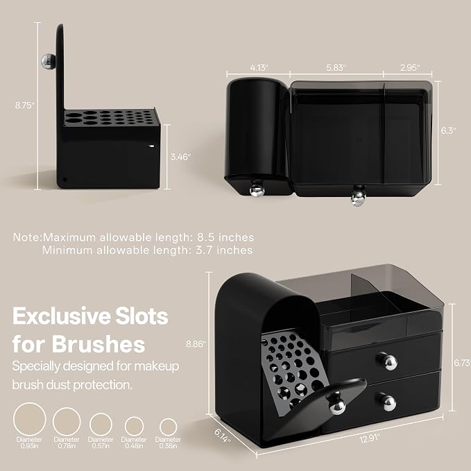 HBlife Makeup Organizer Countertop with Drawers, Vanity Organizers with Brush Holder, Bathroom Counter Organizer for Perfume, Nail Polishes, Lipsticks, Skincare and Eyeshadow Palettes, Black Silver