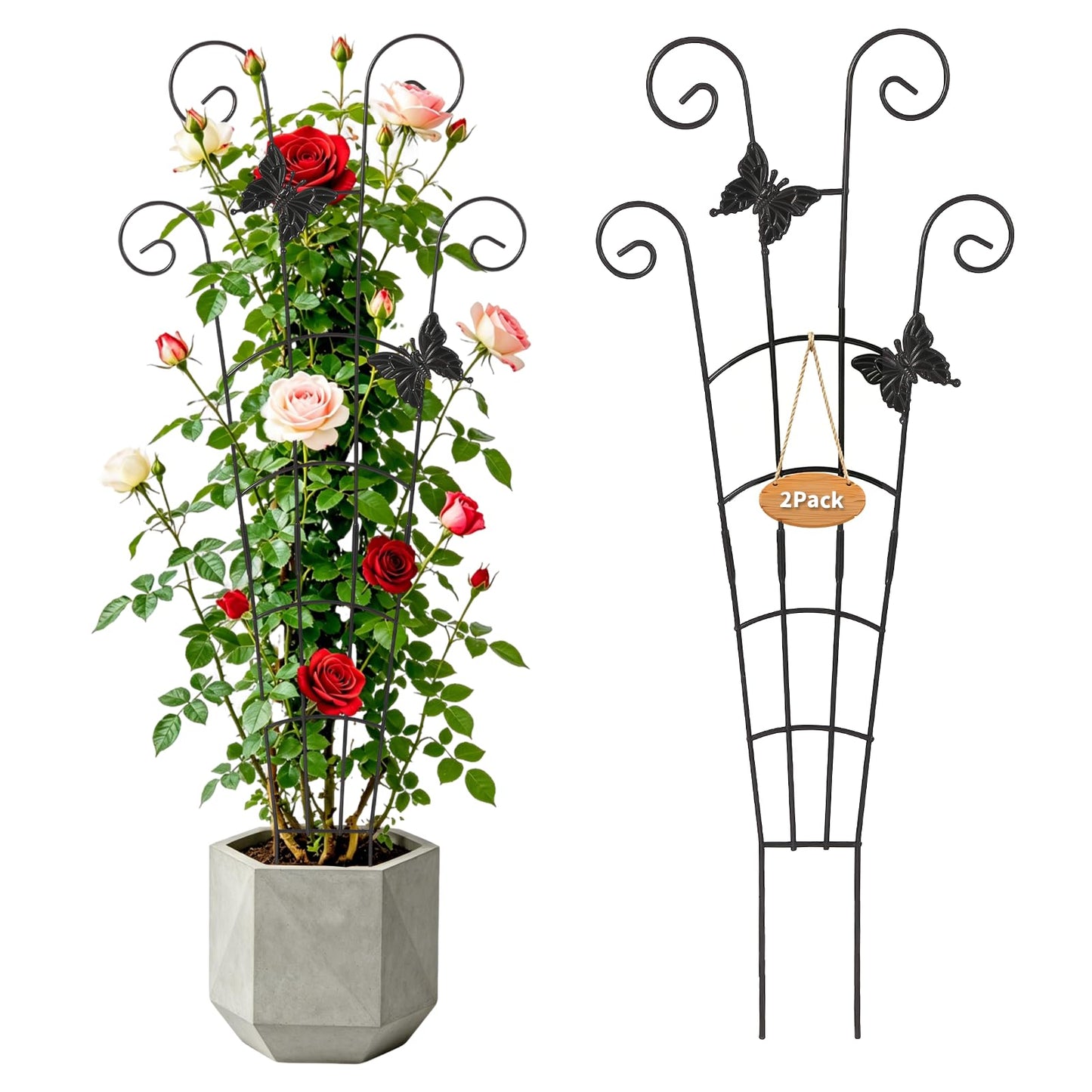 ATZLQON 2 Pack 30 Inch Metal Plant Trellis for Indoor Outdoor Climbing Plants, Easy Assembly with Adjustable Height, Unique Design for Monstera Pothos Hoya, Small Garden Trellis for Pots