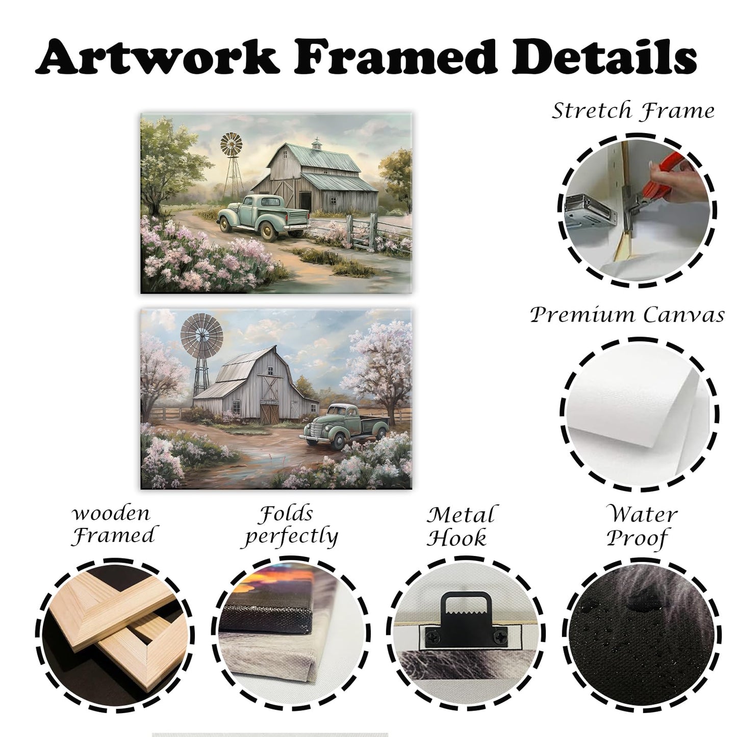 OAAPITI Barn Canvas Wall Art 2 Panel Rustic Farm Nature Landscape Pictures Wall Decor Retro Pink Flower Field Windmill Posters Artwork For Bathroom Bedroom Living Room(Artwork-2,12"x16"x2pcs)