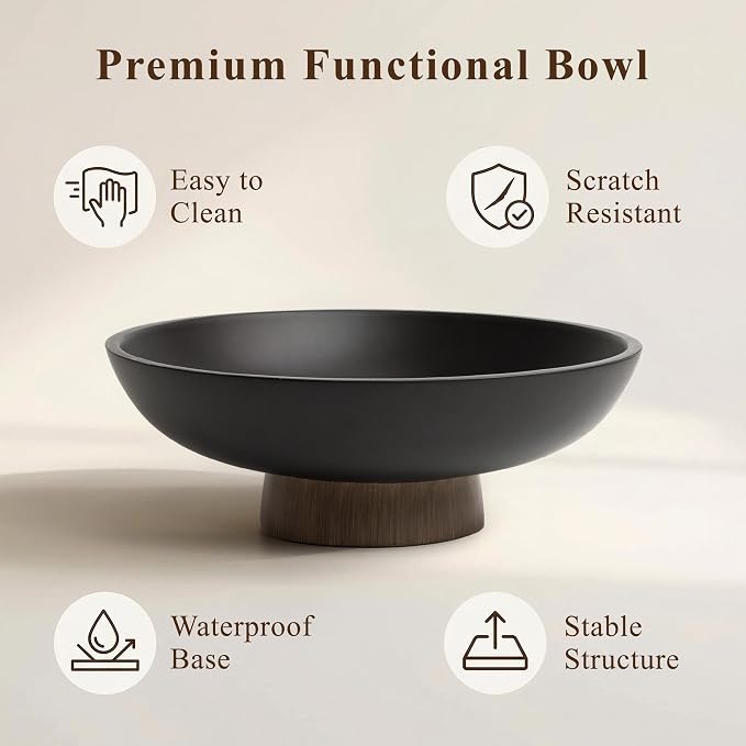 YMXYJM Modern Pedestal Fruit Bowl, Large Matte Resin Decorative Bowl with Faux Wood Base for Kitchen Counter, Living Room, Entryway Home Decor, Black