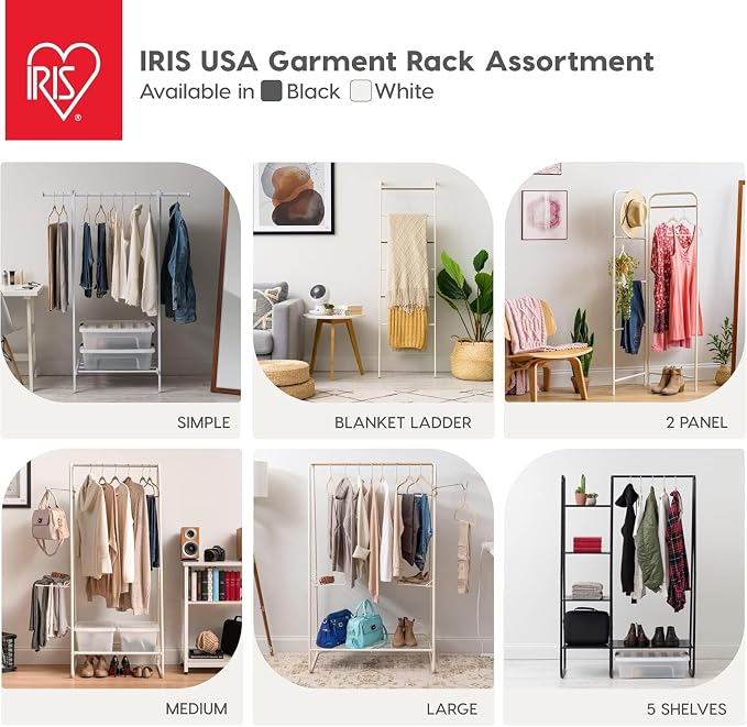 IRIS USA Clothes Rack for Hanging Clothes with Shelf, Freestanding Clothing Rack, Easy to Assemble Garment Rack, Metal, Sturdy Design, Multipurpose, Small Space Storage Solution, White
