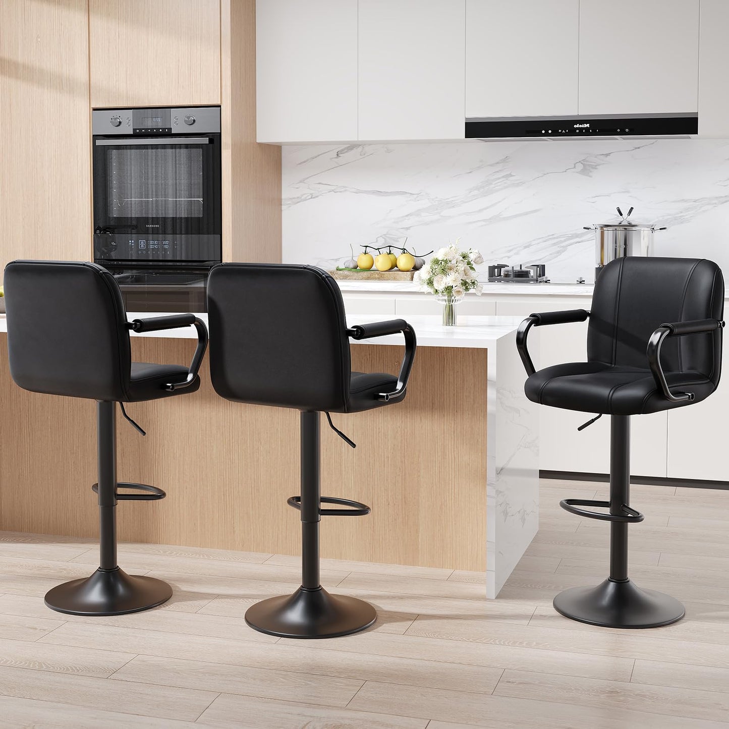 MALOL Set of 2 Modern Bar Stools with Backs - Adjustable High Chairs for Kitchen Island, Barstools for Home Bar, Island Stools, Sillas Altas para Barra de Cocina, Black PU Leather