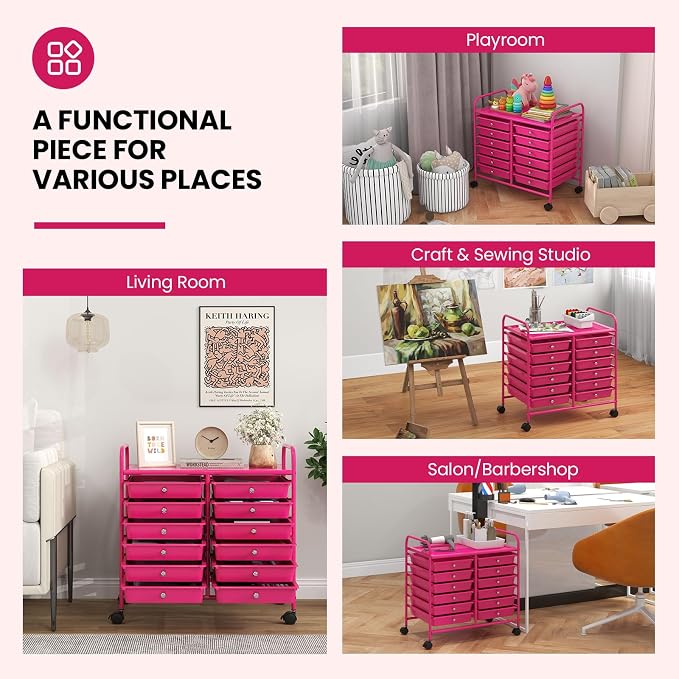 Giantex 12 Drawers Rolling Cart, Mobile Storage Drawer Cart, Classroom Organizer Cart for Office School Supplies Tools Scrapbook Paper Craft Small Printer, Utility Cart on Wheels, Hot Pink