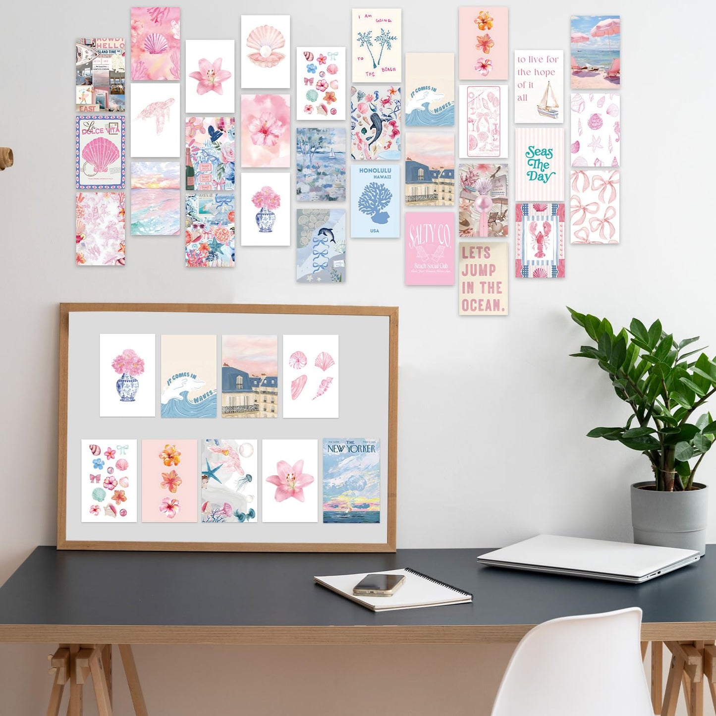 FYSUIMU 50Pcs Coastal Wall Collage Kit Pink Blue Coastal Beach Seashell Art Print Preppy Room Decor Aesthetic Pictures for Bedroom Wall Dorm Home Decor, 4 x 6 Inch