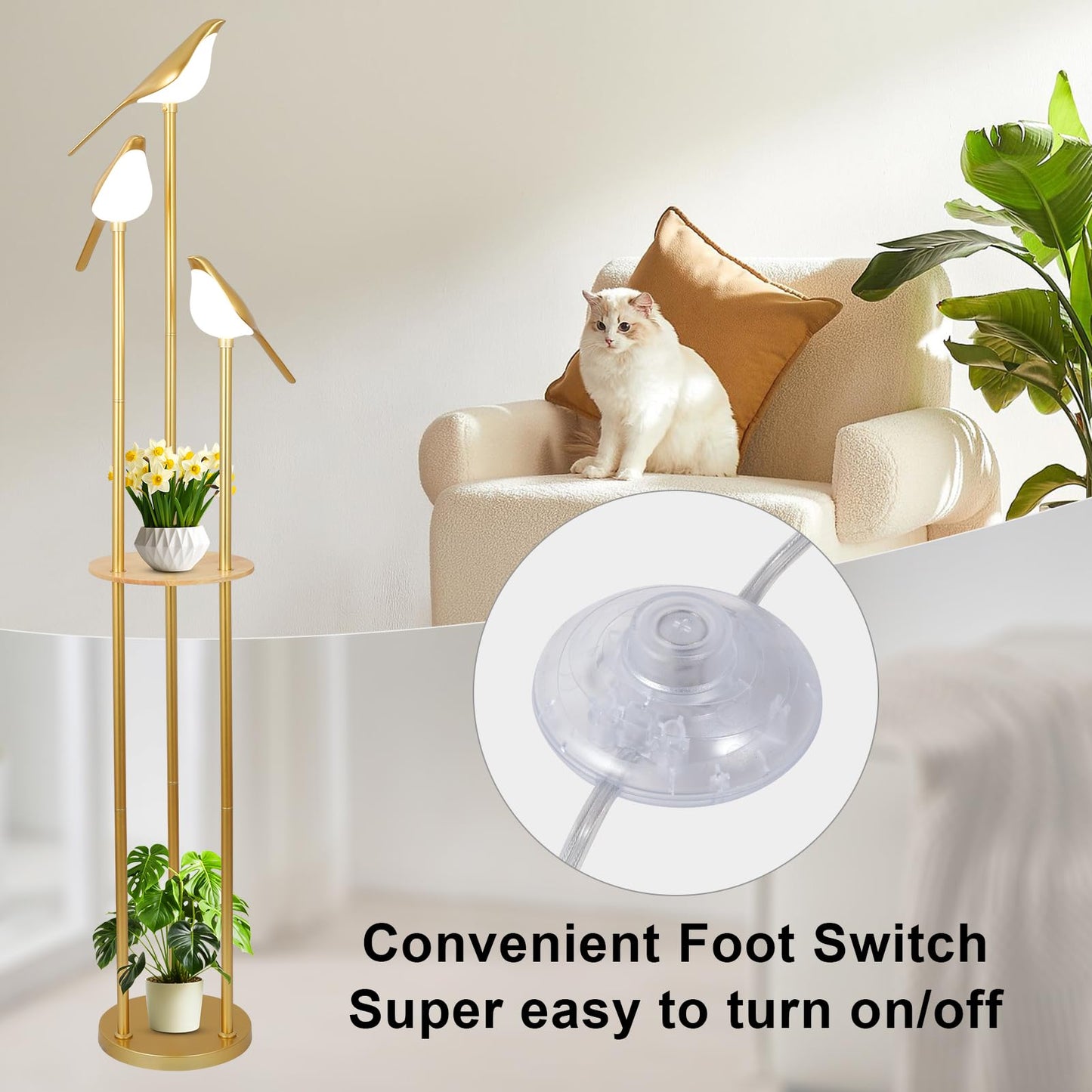 Gold Floor Lamps for Living Room, Modern Floor Lamp with Shelves, Mid Century Standing Lamp with 3 Adjustable LED Bird Lights, Corner Tall Lamp with Table, Brass Stand up Lamp for Bedroom Kids Room