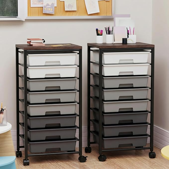 Rolling Cart with 8 Drawers, Storage Drawers Cart with Wooden Tabletop and Lockable Wheels, Craft Storage for Living Room, Office, Classroom, Craft Room, Bedroom (Gray)