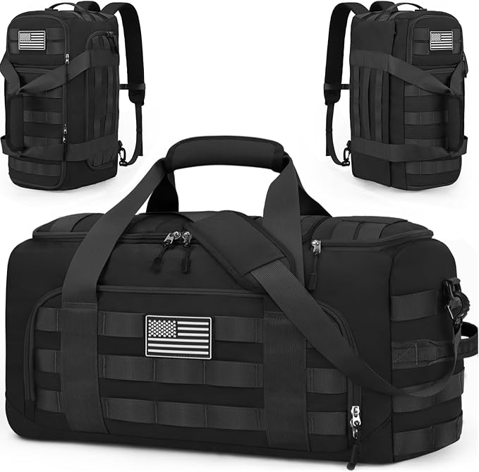 ZOMFELT Tactical Gym Bags for Men, 40L Travel Duffle Bag with Removable Dividers & Innovative Shoe Compartment, 3-in-1 Waterproof MOLLE Gym Duffel Backpack, Airplane Carry-On Approved, Black
