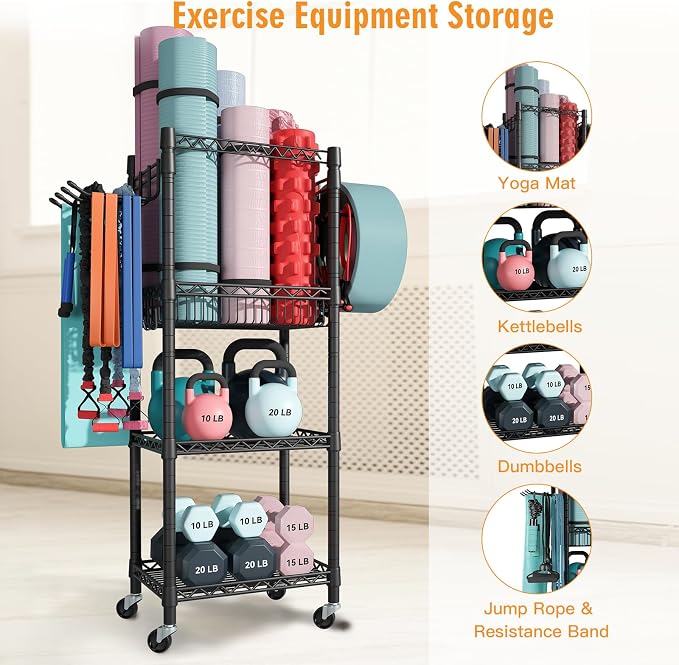 FUTASSI Home Gym Storage, 3 Tiers Workout Equipment Organizer with Wheels for Yoga Mats, Foam Roller, Dumbbells, Kettlebells, and Resistance Bands
